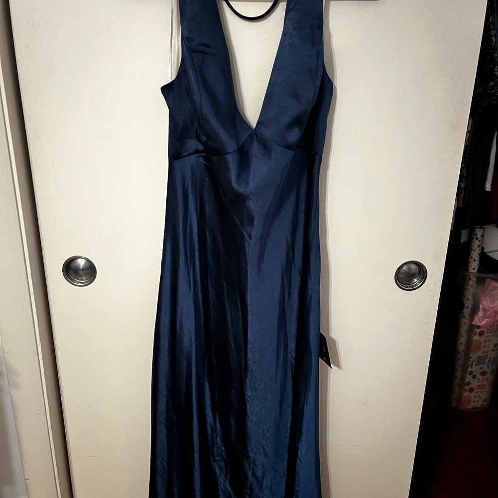 Lulu's Navy Satin Cowl Back Midi Slip Dress